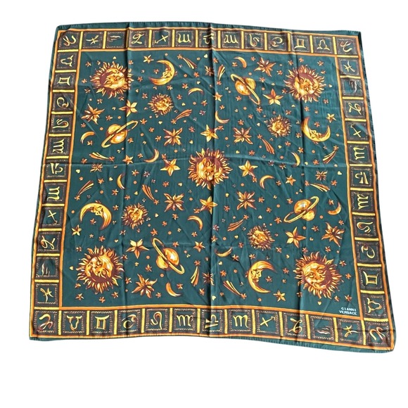 Gianni Versace Accessories - Gianni Versace Vintage Silk Scarf Celestial Zodiac Sun Moon Teal Green 34x34